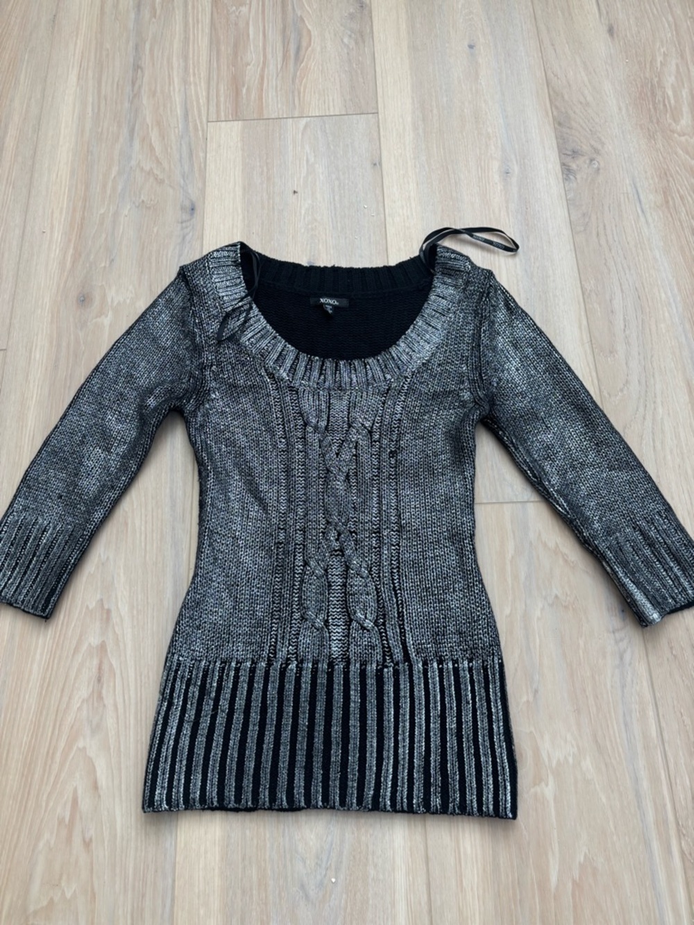 Y2K Metallic Knit Mini Sweater Dress XOXO Black Silver Going Out Top S